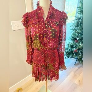 FARM Rio Vibrant Red and Green Long Sleeve Dress